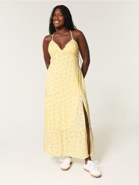 Hollister Yellow Blue Floral Cottagecore Open Tie Back V-Neck Maxi Dress XL